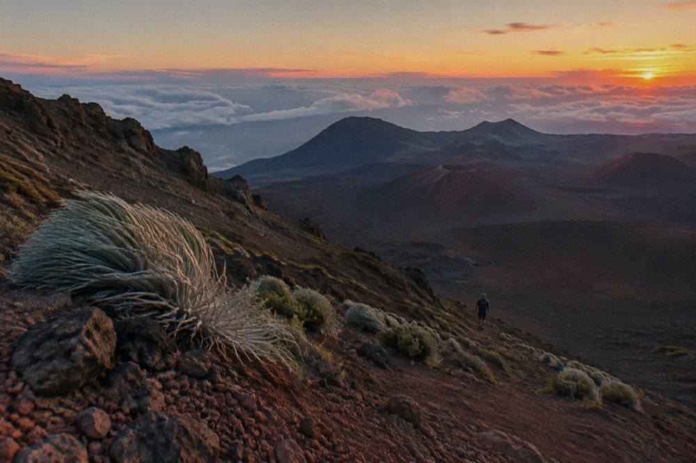 Sunset colors over the Haleakala crater rim and cinder cones