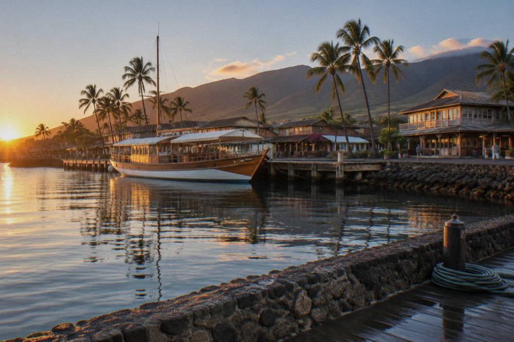 Sunrise light over a Maui beach town with palm trees and calm water